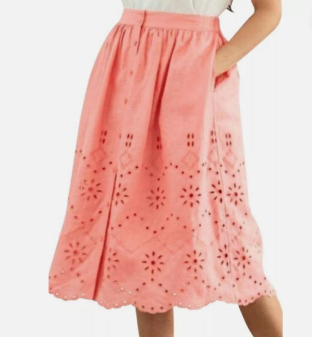 Rachel Parcell Eyelet A-Line Linen Skirt Women XL Pink Strawberry Midi Scallop